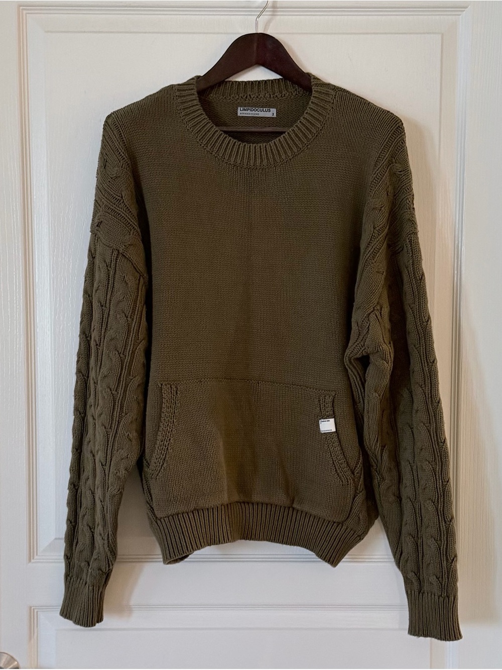 LIMPIDOCULUS Olive Cable-Sleeve Crewneck Sweater